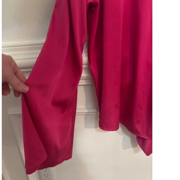 Hutch Blouse Medium Tie Waist Hot Pink Bell Sleeve Silky Button Front - Picture 6 of 9